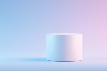 Poster - gradient-colored cylindrical podium against soft pink-blue ombré background in clean studio setting
