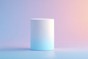 Poster - gradient-colored cylindrical podium against soft pink-blue ombré background in clean studio setting
