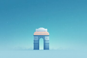 Poster - minimalist illustration of india gate with tricolor lights in dusk sky