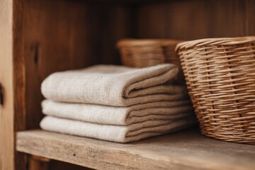 Poster - open rustic cabinet with folded linen and baskets inside