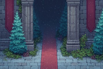 Poster - pixel-art castle hallway with red carpet and tall banners empty tiled floor