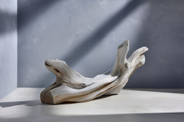 Aufkleber - Driftwood sculpture on matte floor with soft natural light, minimalist decor, calm atmosphere, neutral gray background, organic texture, serene and peaceful mood