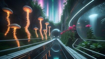 Wall Mural - Futuristic Tunnel with Glowing Mushrooms. A mystical scene features a tunnel filled with luminescent elements, resembling a futuristic cave or passageway. Vertical, glowing mushrooms line the path