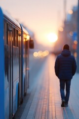Poster - portrait of commuter stepping off bus into urban sidewalk morning light casting long shadows