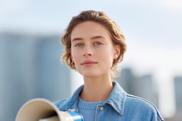 Poster - portrait of eco-activist speaking into megaphone at peaceful protest