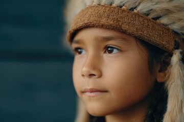 Poster - profile of young indigenous boy wearing feathered headdress