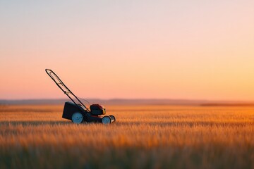Poster - push mower silhouette at sunset with golden grass