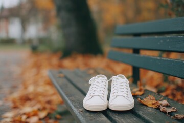 Poster - shoes placed alone near empty bench in quiet park