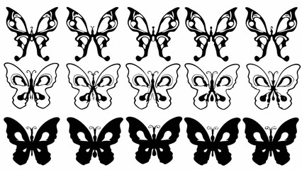 Wall Mural - Collection of fifteen stylized butterfly illustrations arranged in three rows with varying designs and fills