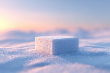Poster - snowy terrain with crisp-edged square podium appearing through surface layer sunrise creating golden tones