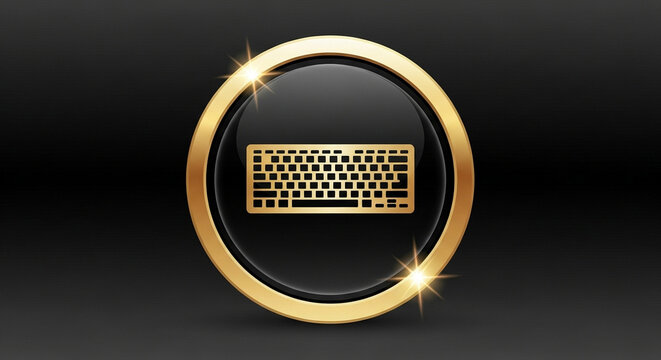Luxury golden oval emblem with a stylized golden keyboard icon on a dark background
