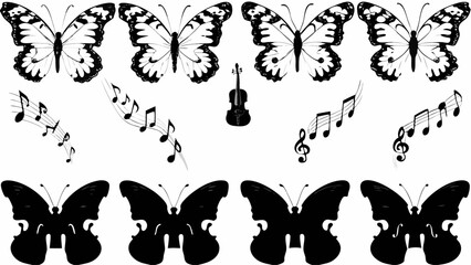 Wall Mural - Four butterflies with musical notes and a violin in black and white artistic composition design