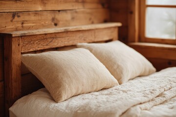 Poster - vintage wooden farmhouse bed with textured quilt and raw linen pillows