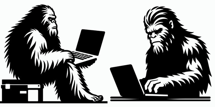 Bigfoot using laptop Cyber Monday. Sasquatch a Large Hairy Humanlike Creature Cartoon Animal Clipart Line Art Vector Illustration. employing portable computer yearly promotion day.