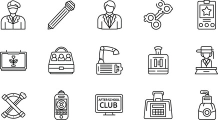 Fototapete - Vector art of a collection of outline icons featuring a man, microphone, suit, scissors, badge, flower, bag, lamp, perfume, waitress, drumsticks, spray, monitor, calculator, and lotion