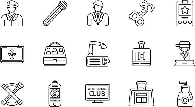 Vector art of a collection of outline icons featuring a man, microphone, suit, scissors, badge, flower, bag, lamp, perfume, waitress, drumsticks, spray, monitor, calculator, and lotion