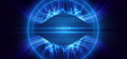Poster - Blue glowing wave lines with lighting effect and sparkle on dark blue background. Technology futuristics concept.