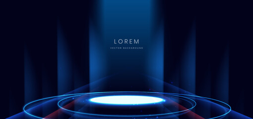 Poster - Scene glowing on dark blue background with glowing neon lights podium in futuristic.