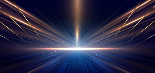 Poster - Scene blue light on dark background with gold effect glowing. Futuristic backdrop design concept.