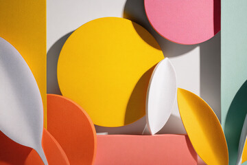 Aufkleber - Yellow circle pink circle orange shape white leaf abstract geometric composition textured surface modern art creative shadow playful mood pastel color palette