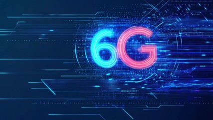 Poster - Futuristic Digital Concept of 6G Technology with Neon Glow and Abstract Lines on Dark Background