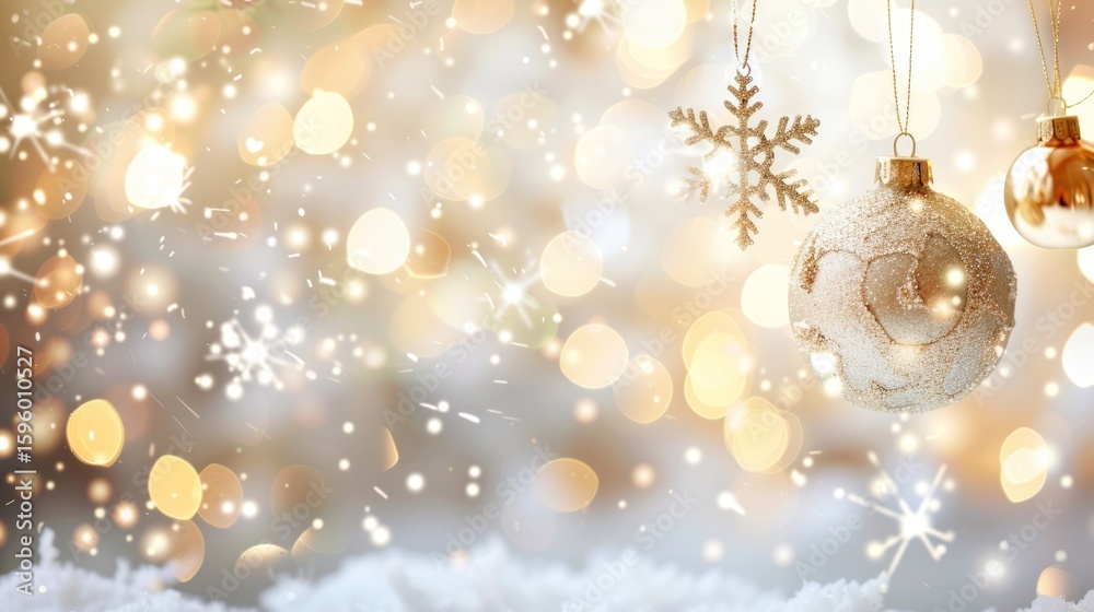 Elegant golden christmas ornaments with snowflakes on blurred bokeh ...
