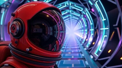 Poster - Futuristic astronaut in neon-lit tunnel with vibrant glowing colors and sci-fi ambiance