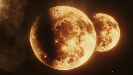 Wall Mural - Two large orange moons in the sky. One is closer to the camera. The other is further away