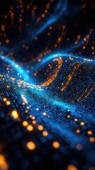 Aufkleber - Flowing blue and yellow binary data stream with glowing digital lines and particles, representing technology, cyber security, and artificial intelligence. Futuristic abstract background.