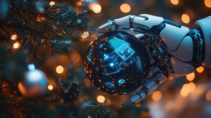 Poster - Futuristic Christmas tree with a humanoid robot hand holding a shiny black ornament featuring blue light and circuit patterns, set against a backdrop of glowing lights.