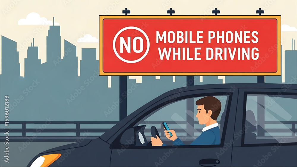A person texting while driving under a large “No Mobile Phones While ...