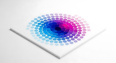 Poster - Abstract spiral pattern of gradient colored dots on a white square surface, fading from blue to pink.