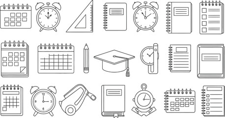 Fototapete - Vector art of a variety of outline icons showcasing calendars, clocks, a ruler, notebooks, and books, representing time, schedules, planning, education, and measurement