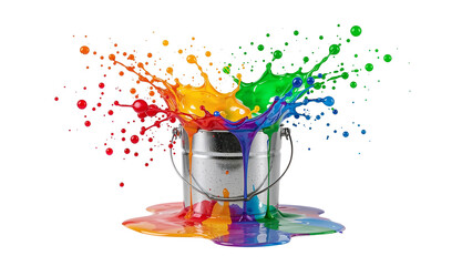 Wall Mural - explosion of vibrant colors bursting from silver metallic bucket on isolated background