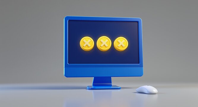 Computer Screen with Three Gold X Icons and Mouse