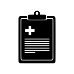 Poster - A black vector icon of a medical clipboard with a health cross, representing a patient chart, medical report, or diagnosis.