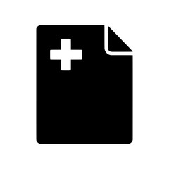 Poster - A black vector icon of a medical document or health record, featuring a plus sign symbol on a file with a folded corner.