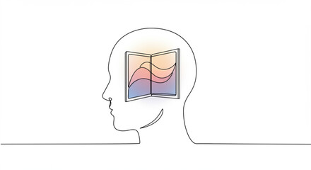 Poster - Abstract depiction of human mind with colorful open book concept of single line outline vector  