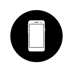 Poster - A minimalist vector graphic icon showing a white mobile phone inside a black circle, ideal for web and app interfaces.