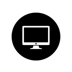 Poster - A minimalist vector icon showing a white desktop computer monitor with a wide screen, presented inside a black circle symbol.