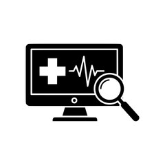 Poster - A vector icon of a computer monitor showing a health analysis with a medical cross, heartbeat line, and a magnifying glass.