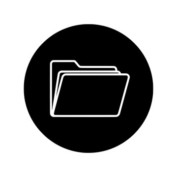 A vector icon of a file folder, representing data storage and organization, set inside a solid black circle.