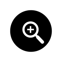 Poster - This flat style vector graphic shows a white zoom in icon with a plus symbol inside a solid black circular background.