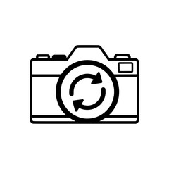 Poster - Vector icon of a camera with a refresh or switch symbol, representing changing between front and rear cameras on a device.