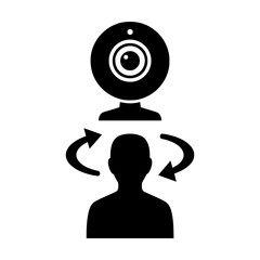Poster - vector icon of a person switching camera perspective, with a webcam symbol for video meetings or user interaction.