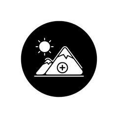 Poster - Vector vector icon for adding a new landscape photo, showing mountains, a sun, and a plus symbol within a black circle.
