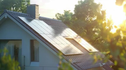 voltaic solar panel array on a residential house roof