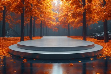 Wall Mural - Autumn Tranquility in Forest with Circular Platform - Design for Posters and Backgrounds