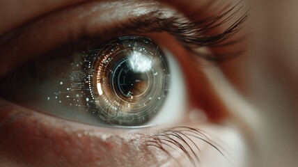 Poster - Biometric technology showcases an advanced eye scan with fingerprint recognition in a futuristic setting