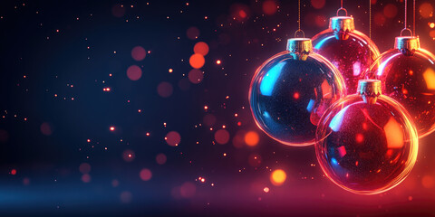 Poster - Minimalist hanging elegant neon Christmas balls on dark background with glowing lights. Merry Christmas and New Year 2026 banner design, digital festive decoration,modern holiday concept,copy space